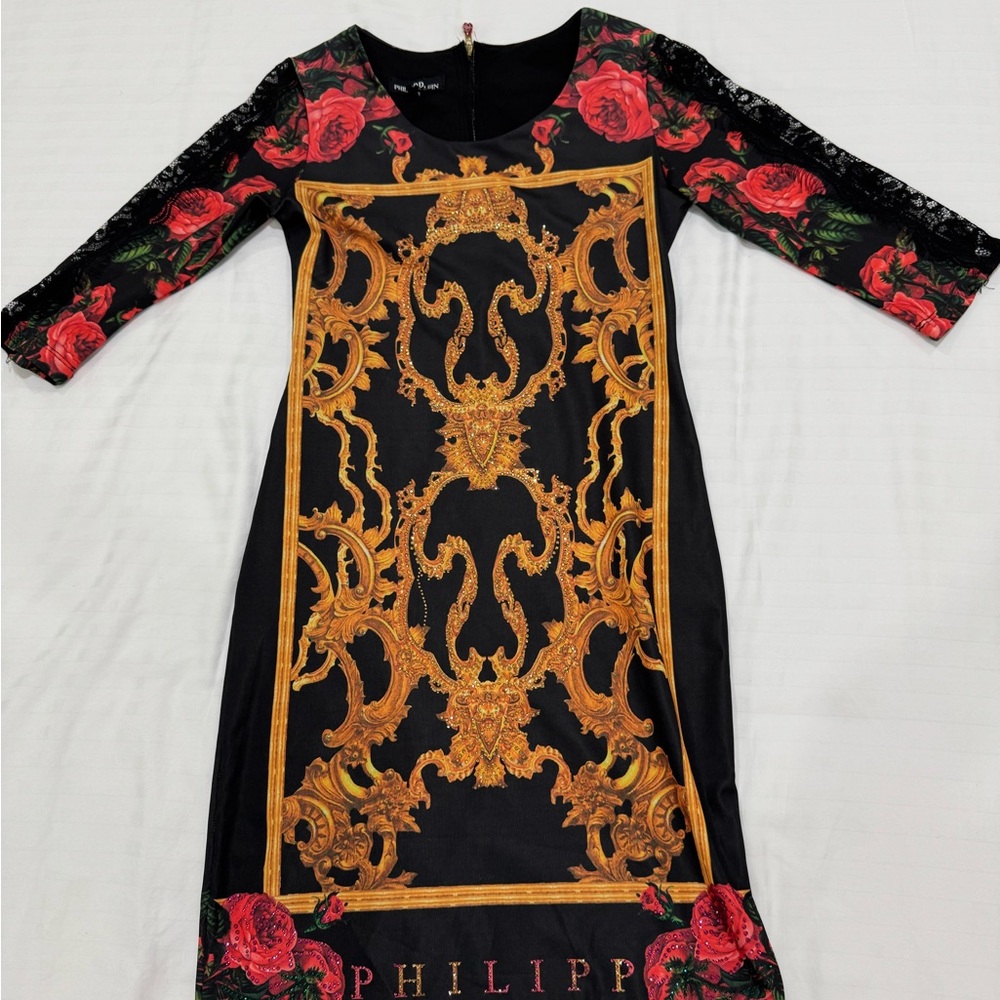 Philipp Plein Gold and Black Long Sleeve Sheath Dress
